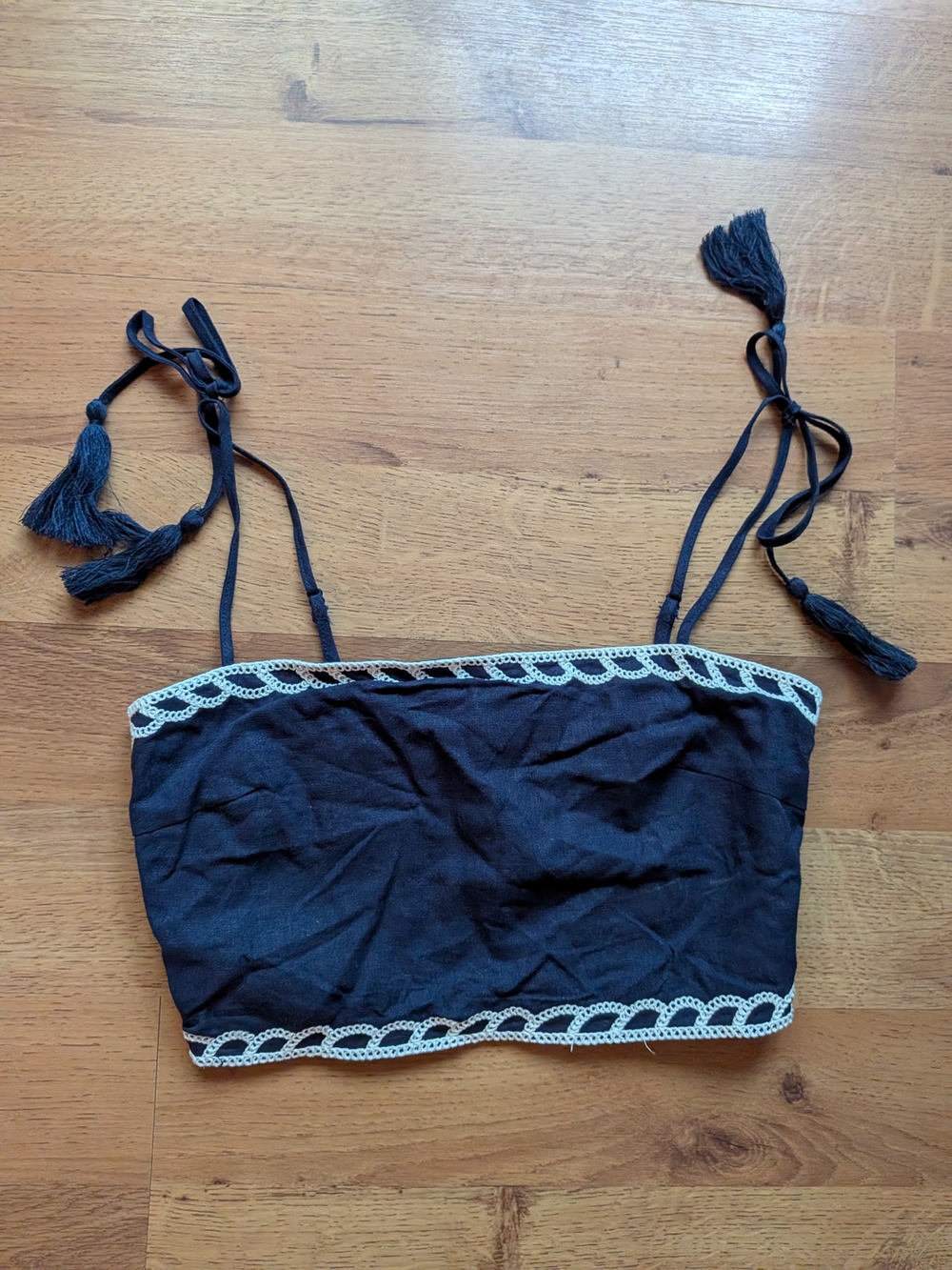 Christian Lacroix Navy Blue Cropped Tie-Strap Tube Top-55% Linen
